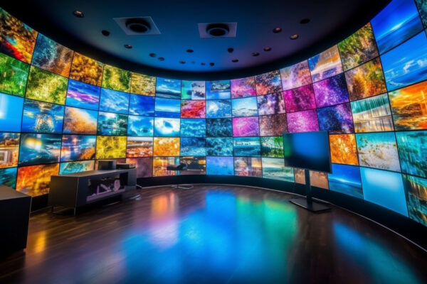 Modern television broadcasting movie on wide screen generated by artificial intelligence